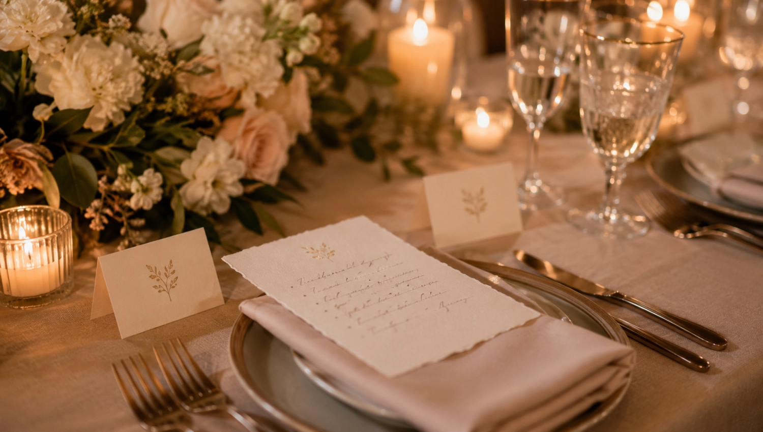 Wedding reception table with printed speech notes, place cards, and a simple dinner setting.